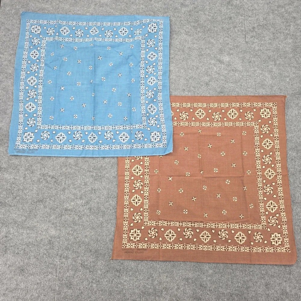 Vintage Bandana Set 2 Blue Brown Geometric Floral RN 14193 Washfast USA Scarf